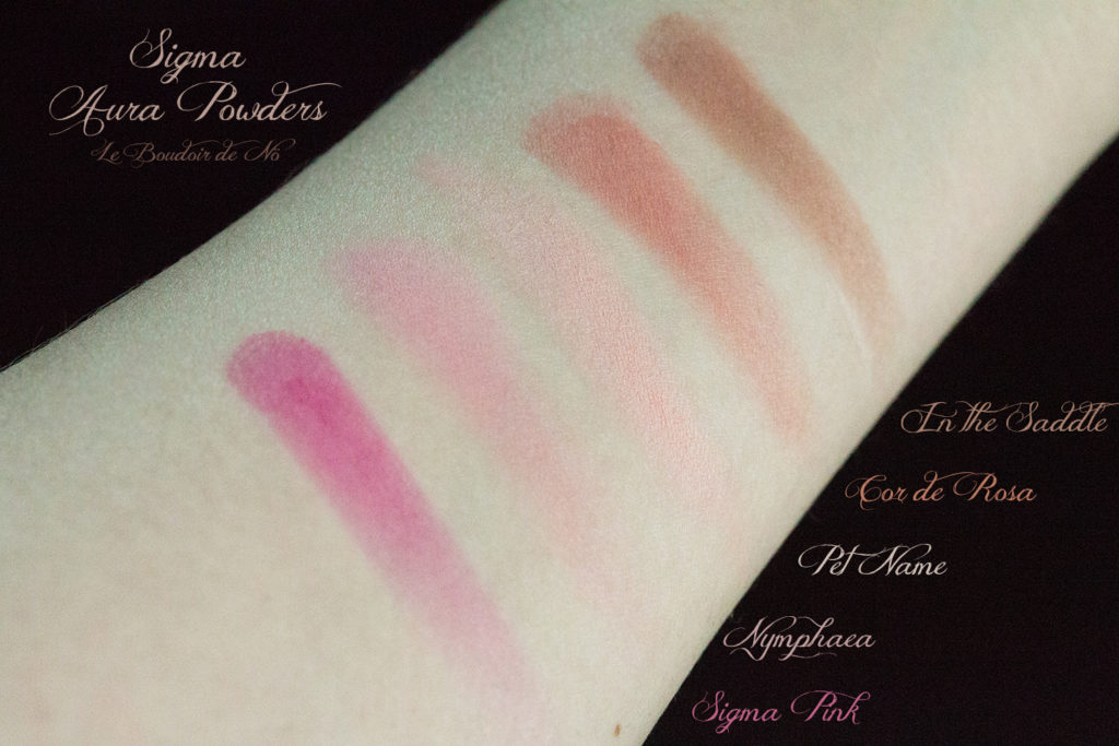 Sigma Beauty Aura Powders Swatches Sigma Pink Nymphaea Pet Name Cor de Rosa In the Saddle