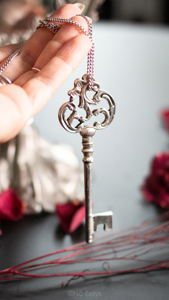 Zoom sur le collier Finders Keepers Regalrose (silver key necklace) avis revue