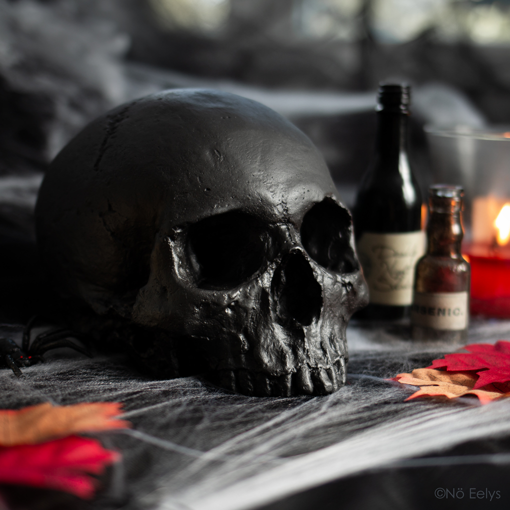 Détails du crâne déco tout noir pour une décoration gothique/halloween fabriqué à la main, avis Vicious Noodles