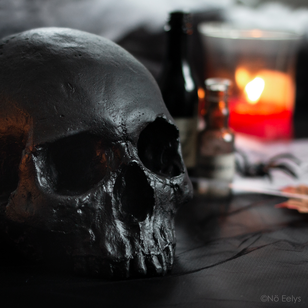 Détails du crâne déco tout noir pour une décoration gothique/halloween fabriqué à la main, avis Vicious Noodles (zoom)